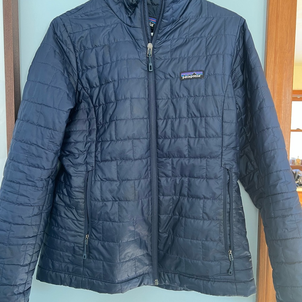 Patagonia Blue Puffer Jacket with Quilted Design and Stand-Up Collar- Nano Puff